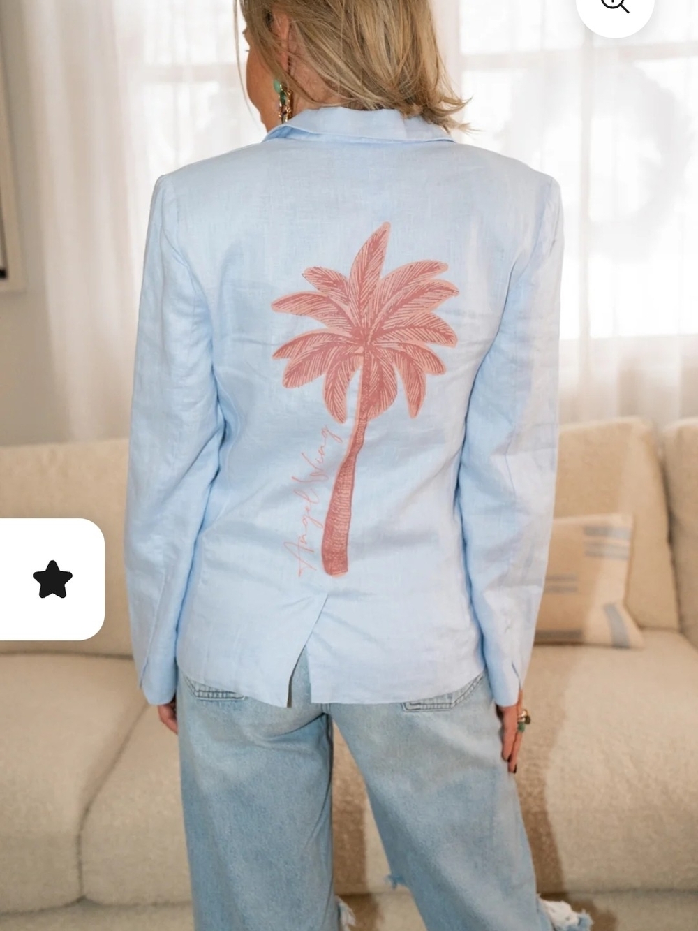Light Blue Linen-Blend Blazer with Pink Palm Embroidery